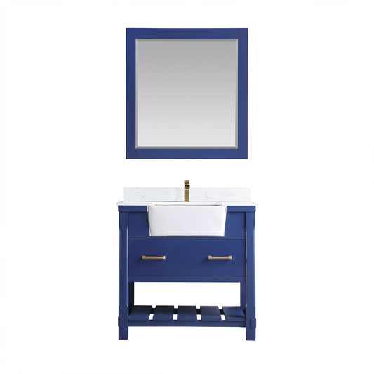 Georgia 36" Single Bathroom Vanity Set in Jewelry Blue and Aosta White Composite Stone Top with White Farmhouse Basin with Mirror