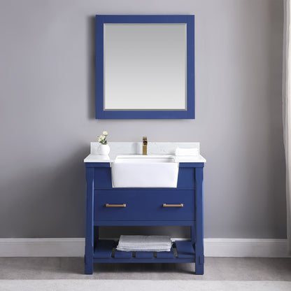 Georgia 36" Single Bathroom Vanity Set in Jewelry Blue and Aosta White Composite Stone Top with White Farmhouse Basin with Mirror