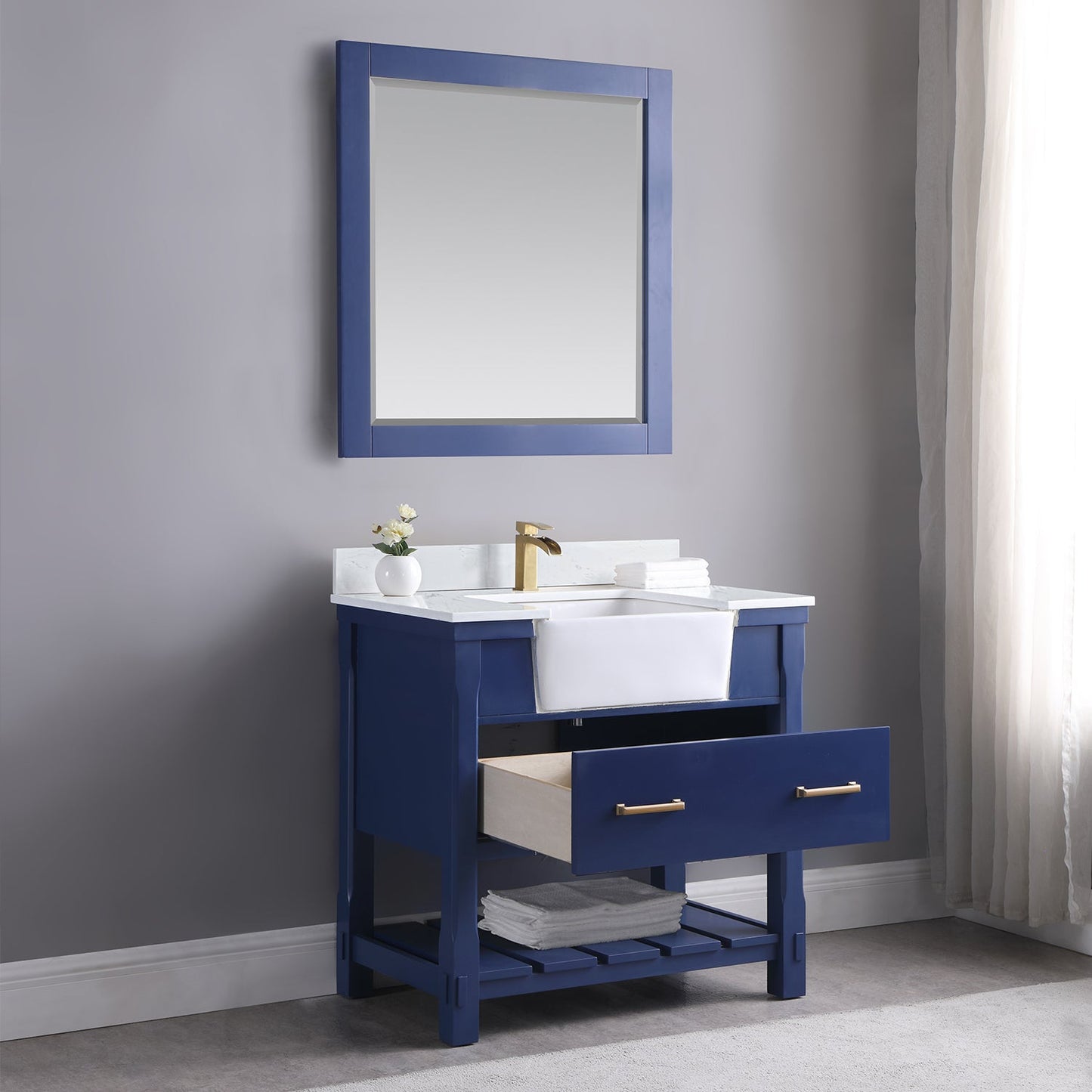 Georgia 36" Single Bathroom Vanity Set in Jewelry Blue and Aosta White Composite Stone Top with White Farmhouse Basin with Mirror