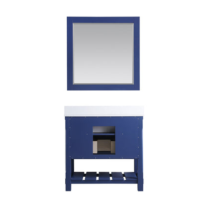 Georgia 36" Single Bathroom Vanity Set in Jewelry Blue and Aosta White Composite Stone Top with White Farmhouse Basin with Mirror