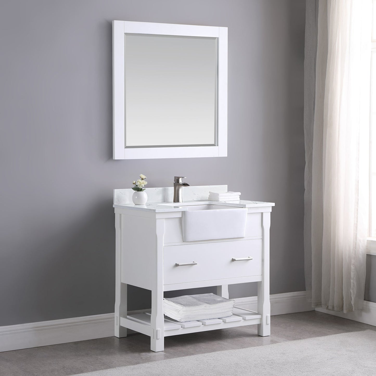 Georgia 36" Single Bathroom Vanity Set in White and Aosta White Composite Stone Top with White Farmhouse Basin without Mirror