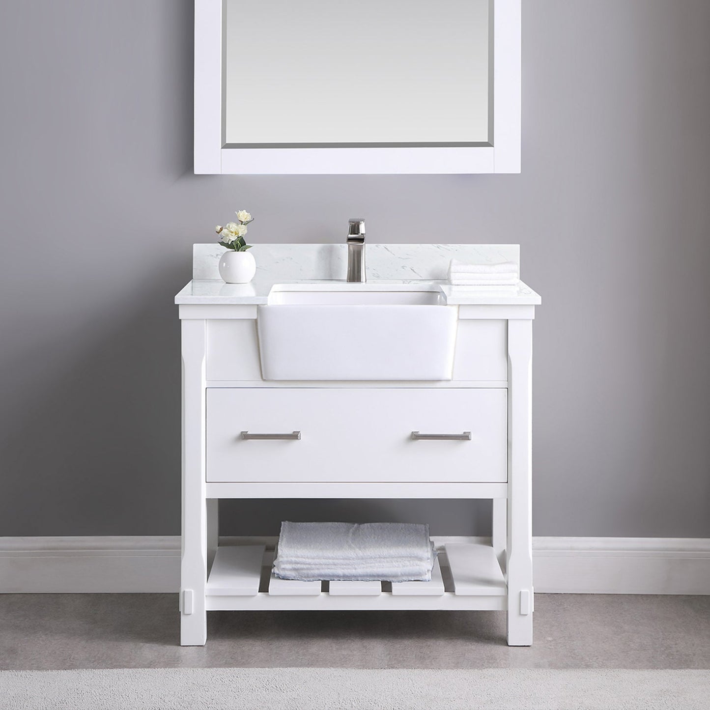 Georgia 36" Single Bathroom Vanity Set in White and Aosta White Composite Stone Top with White Farmhouse Basin without Mirror
