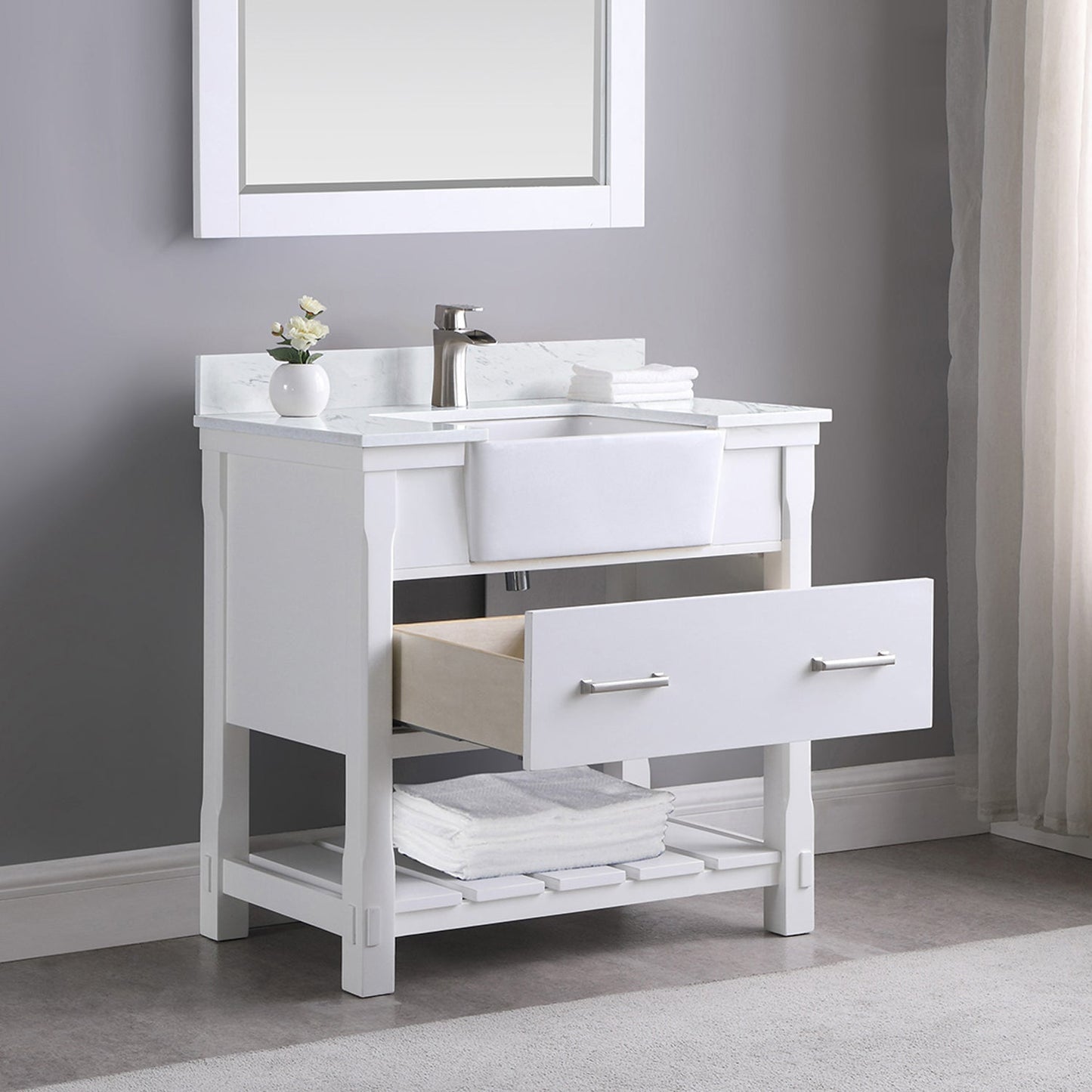 Georgia 36" Single Bathroom Vanity Set in White and Aosta White Composite Stone Top with White Farmhouse Basin without Mirror