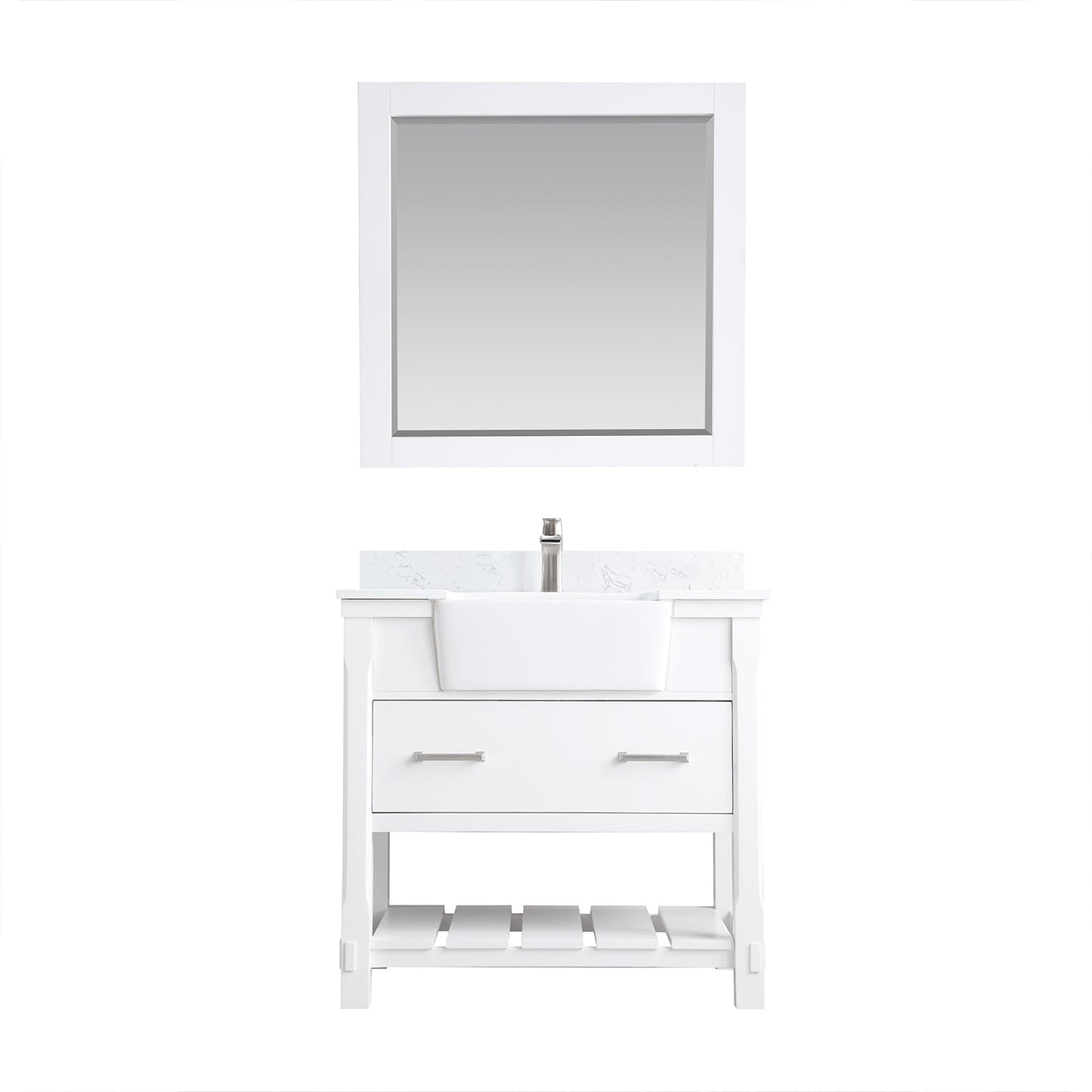 Georgia 36" Single Bathroom Vanity Set in White and Aosta White Composite Stone Top with White Farmhouse Basin with Mirror