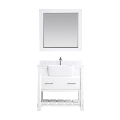 Georgia 36" Single Bathroom Vanity Set in White and Aosta White Composite Stone Top with White Farmhouse Basin with Mirror