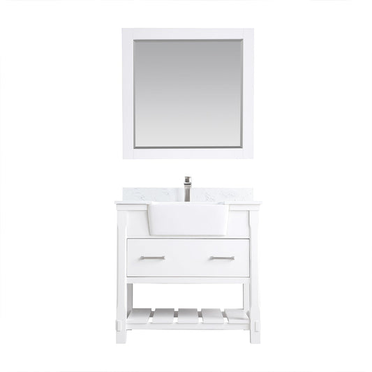 Georgia 36" Single Bathroom Vanity Set in White and Aosta White Composite Stone Top with White Farmhouse Basin with Mirror