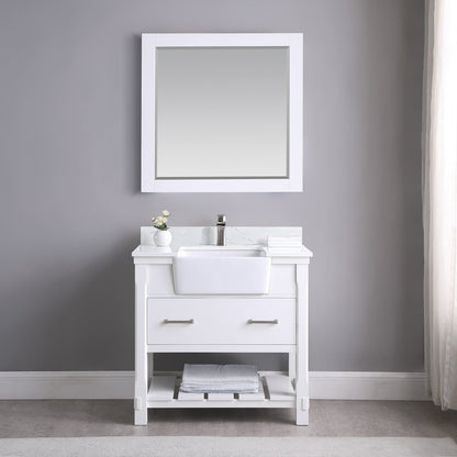 Georgia 36" Single Bathroom Vanity Set in White and Aosta White Composite Stone Top with White Farmhouse Basin with Mirror
