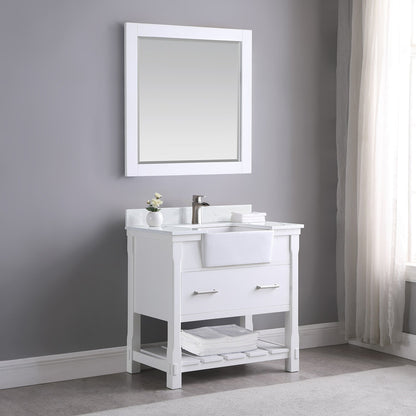 Georgia 36" Single Bathroom Vanity Set in White and Aosta White Composite Stone Top with White Farmhouse Basin with Mirror