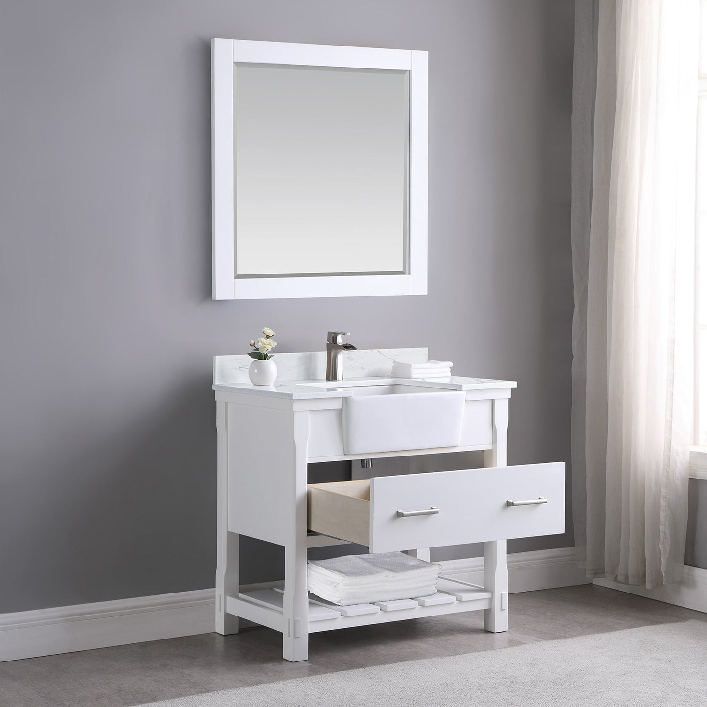 Georgia 36" Single Bathroom Vanity Set in White and Aosta White Composite Stone Top with White Farmhouse Basin with Mirror