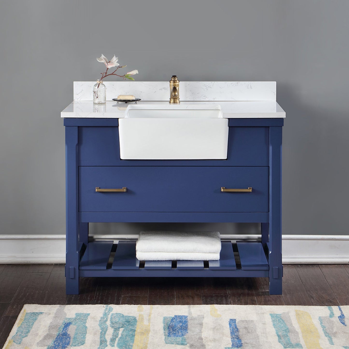 Georgia 42" Single Bathroom Vanity Set in Jewelry Blue and Aosta White Composite Stone Top with White Farmhouse Basin without Mirror