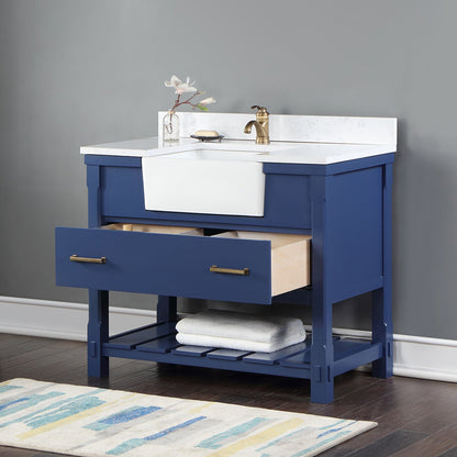 Georgia 42" Single Bathroom Vanity Set in Jewelry Blue and Aosta White Composite Stone Top with White Farmhouse Basin without Mirror