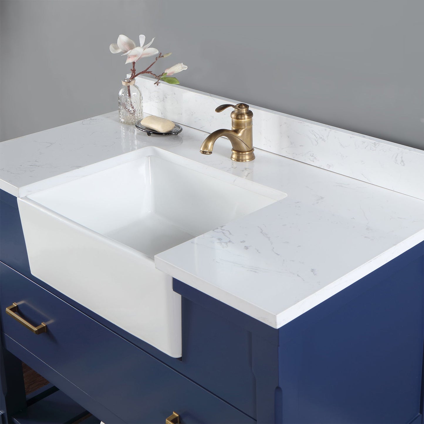Georgia 42" Single Bathroom Vanity Set in Jewelry Blue and Aosta White Composite Stone Top with White Farmhouse Basin without Mirror