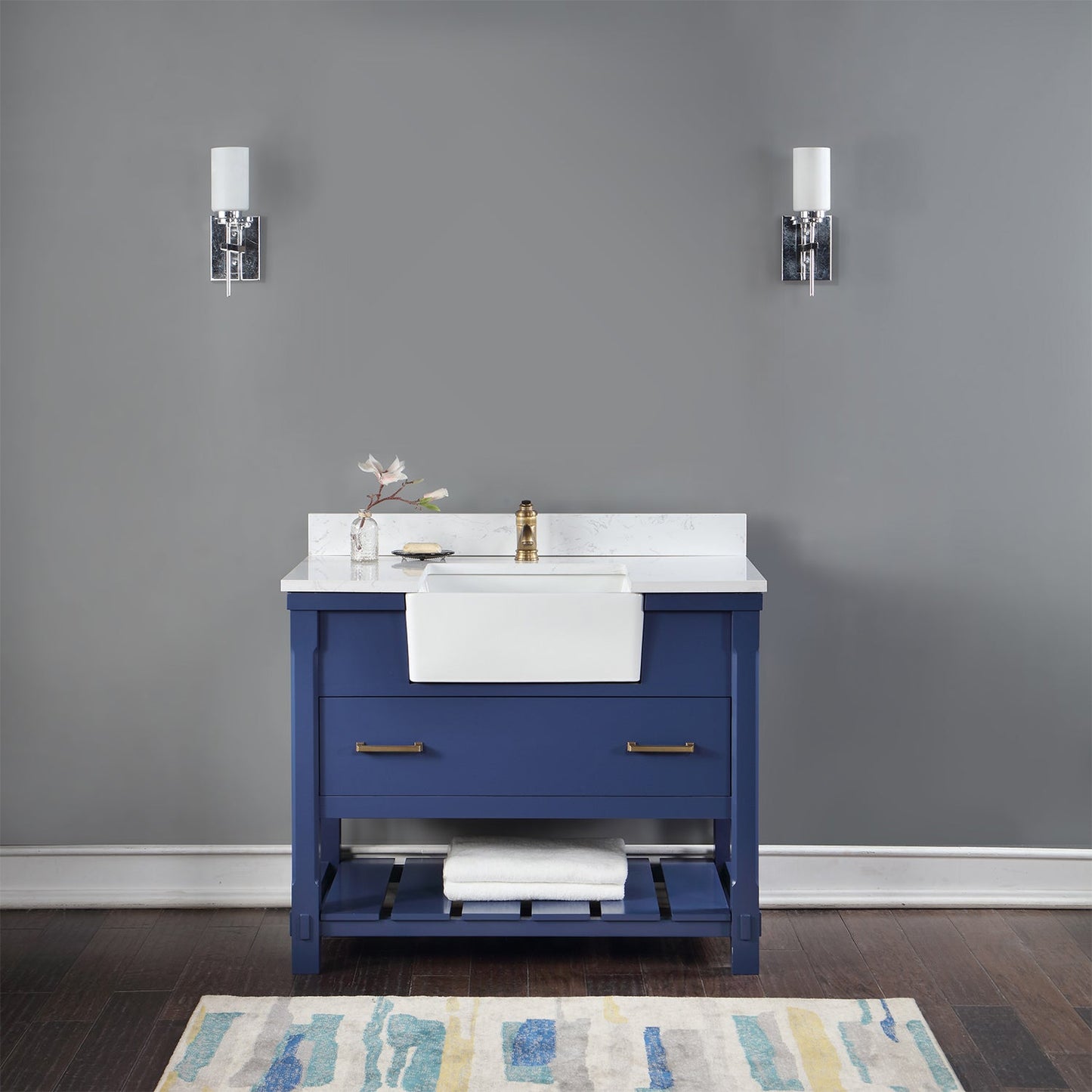 Georgia 42" Single Bathroom Vanity Set in Jewelry Blue and Aosta White Composite Stone Top with White Farmhouse Basin without Mirror