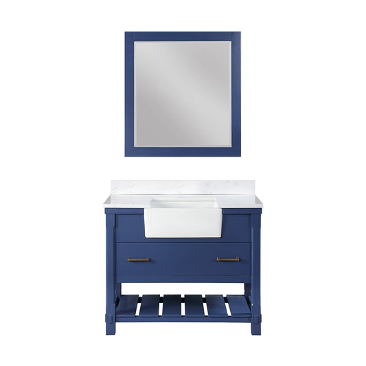 Georgia 42" Single Bathroom Vanity Set in Jewelry Blue and Aosta White Composite Stone Top with White Farmhouse Basin with Mirror