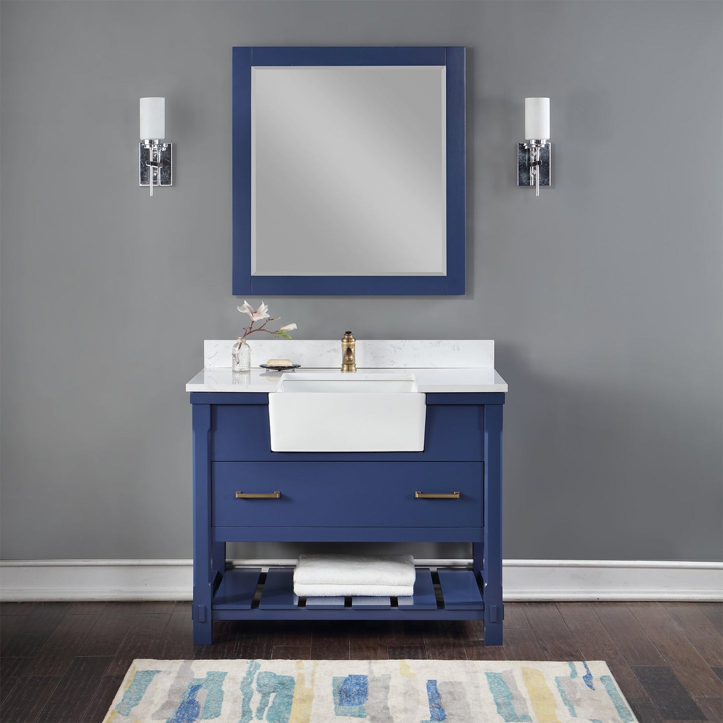 Georgia 42" Single Bathroom Vanity Set in Jewelry Blue and Aosta White Composite Stone Top with White Farmhouse Basin with Mirror