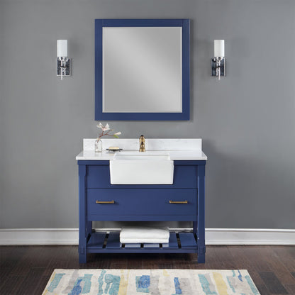 Georgia 42" Single Bathroom Vanity Set in Jewelry Blue and Aosta White Composite Stone Top with White Farmhouse Basin with Mirror