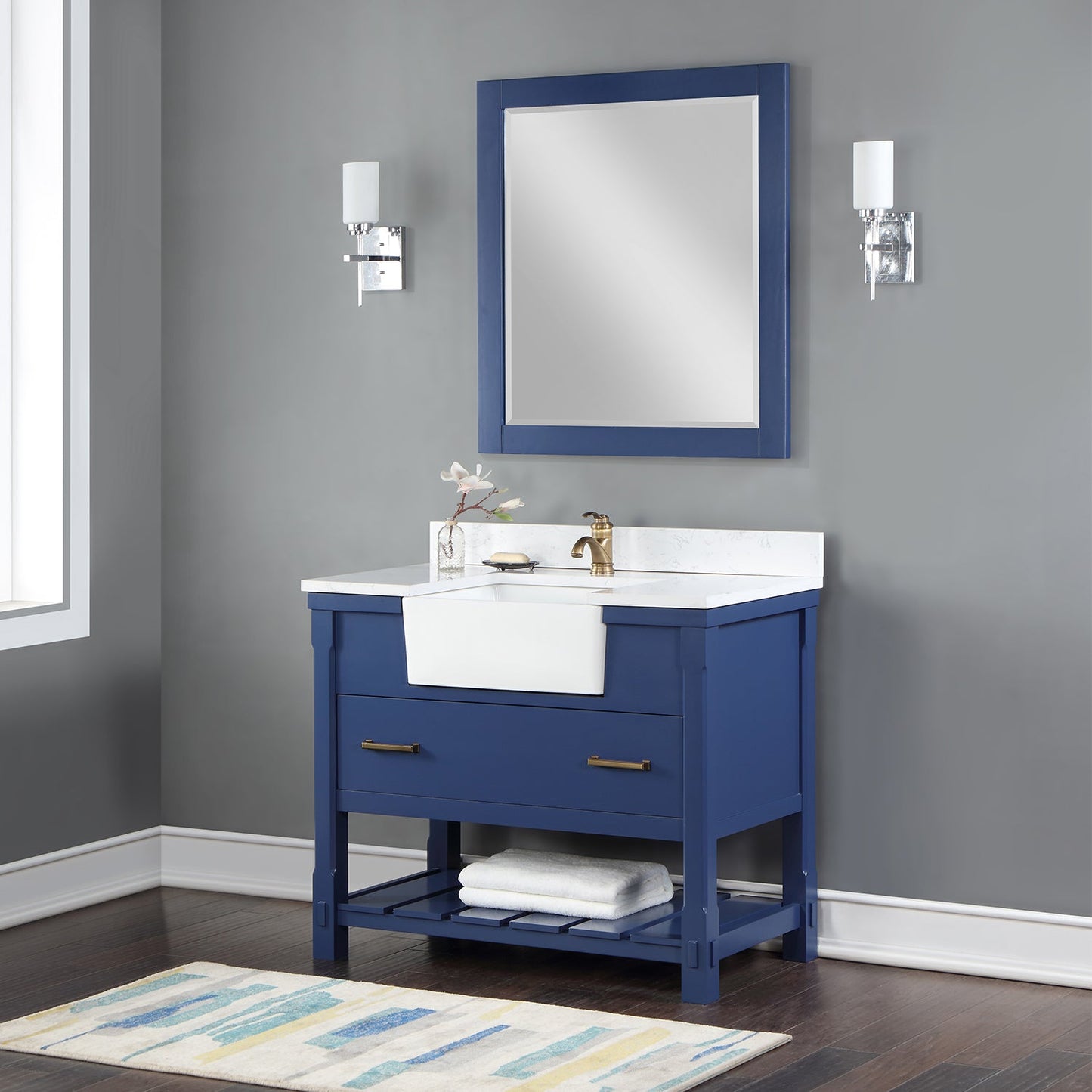 Georgia 42" Single Bathroom Vanity Set in Jewelry Blue and Aosta White Composite Stone Top with White Farmhouse Basin with Mirror
