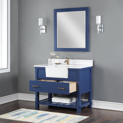 Georgia 42" Single Bathroom Vanity Set in Jewelry Blue and Aosta White Composite Stone Top with White Farmhouse Basin with Mirror