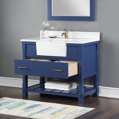 Georgia 42" Single Bathroom Vanity Set in Jewelry Blue and Aosta White Composite Stone Top with White Farmhouse Basin with Mirror