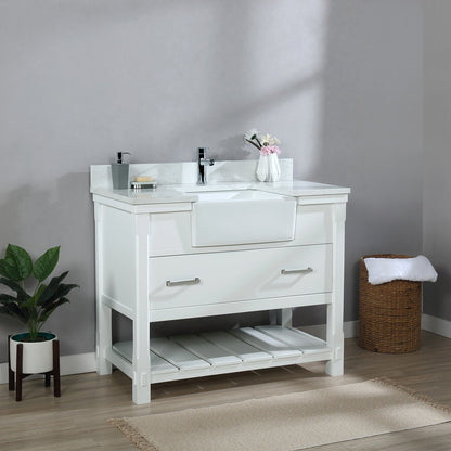 Georgia 42" Single Bathroom Vanity Set in White and Aosta White Composite Stone Top with White Farmhouse Basin without Mirror