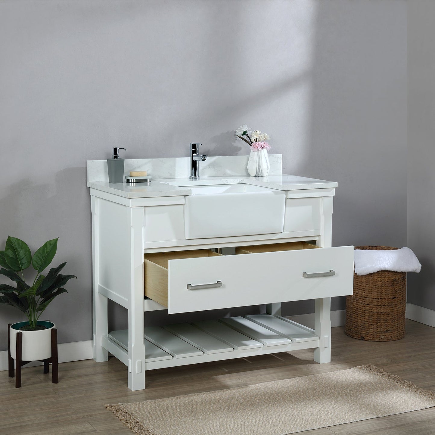 Georgia 42" Single Bathroom Vanity Set in White and Aosta White Composite Stone Top with White Farmhouse Basin without Mirror