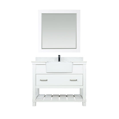 Georgia 42" Single Bathroom Vanity Set in White and Aosta White Composite Stone Top with White Farmhouse Basin with Mirror