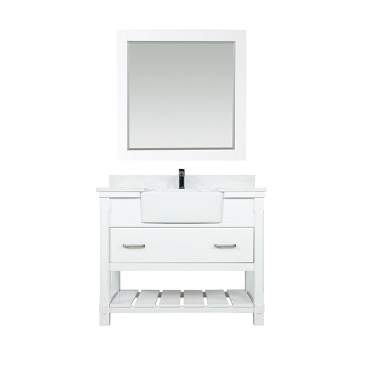 Georgia 42" Single Bathroom Vanity Set in White and Aosta White Composite Stone Top with White Farmhouse Basin with Mirror