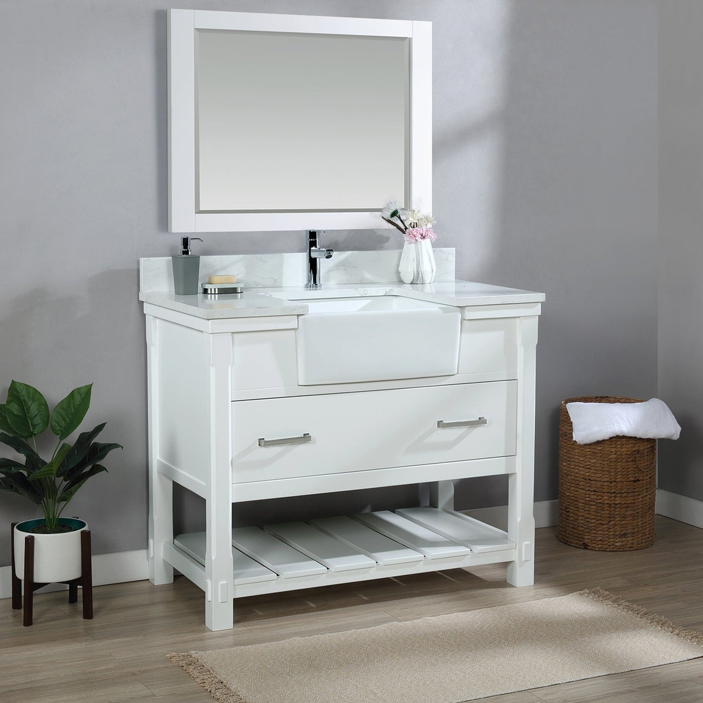 Georgia 42" Single Bathroom Vanity Set in White and Aosta White Composite Stone Top with White Farmhouse Basin with Mirror