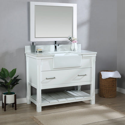Georgia 42" Single Bathroom Vanity Set in White and Aosta White Composite Stone Top with White Farmhouse Basin with Mirror