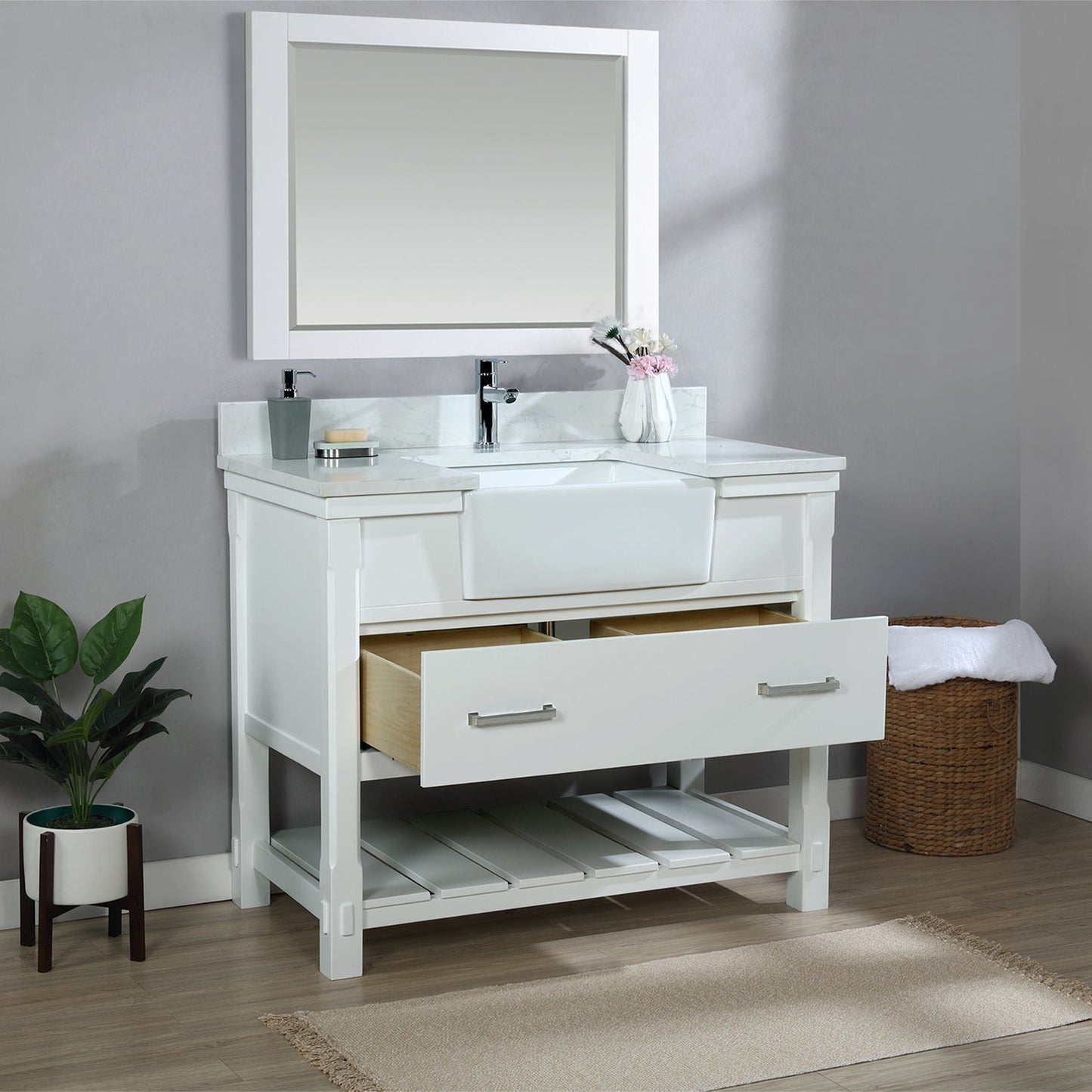 Georgia 42" Single Bathroom Vanity Set in White and Aosta White Composite Stone Top with White Farmhouse Basin with Mirror
