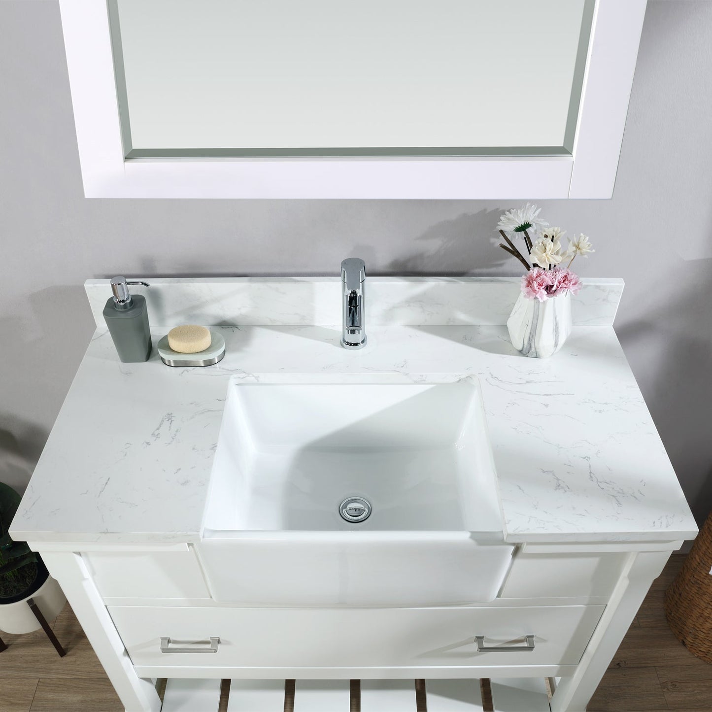 Georgia 42" Single Bathroom Vanity Set in White and Aosta White Composite Stone Top with White Farmhouse Basin with Mirror