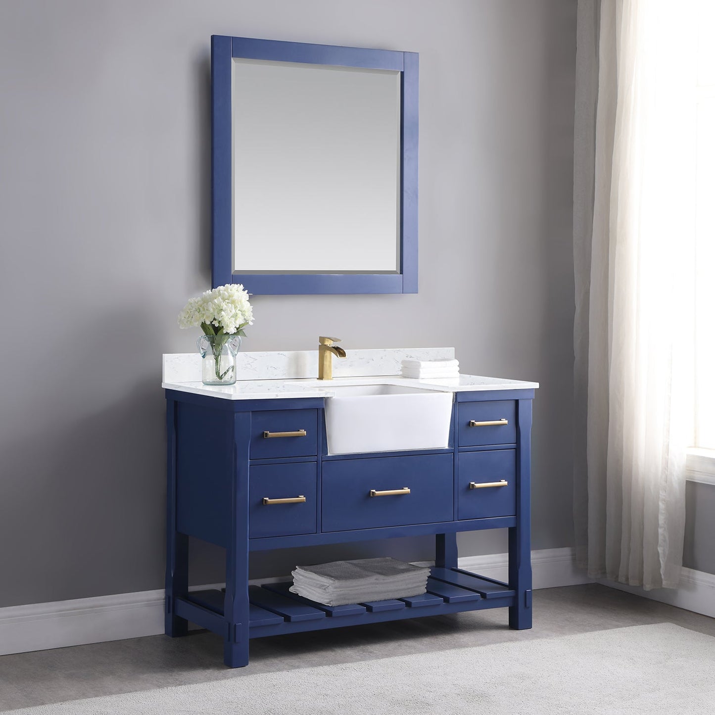 Georgia 48" Single Bathroom Vanity Set in Jewelry Blue and Aosta White Composite Stone Top with White Farmhouse Basin without Mirror