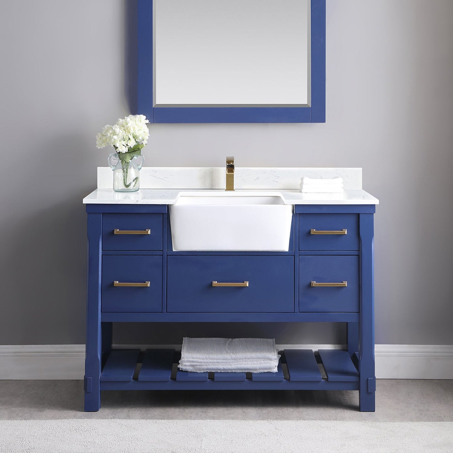 Georgia 48" Single Bathroom Vanity Set in Jewelry Blue and Aosta White Composite Stone Top with White Farmhouse Basin without Mirror