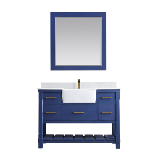 Georgia 48" Single Bathroom Vanity Set in Jewelry Blue and Aosta White Composite Stone Top with White Farmhouse Basin with Mirror