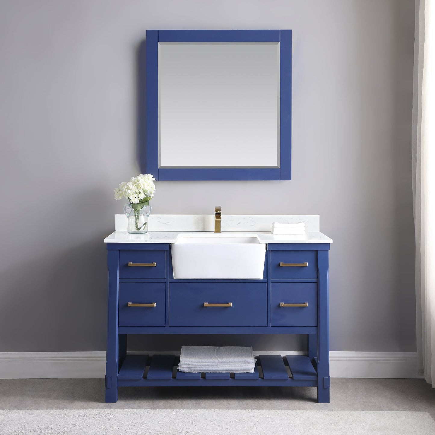 Georgia 48" Single Bathroom Vanity Set in Jewelry Blue and Aosta White Composite Stone Top with White Farmhouse Basin with Mirror