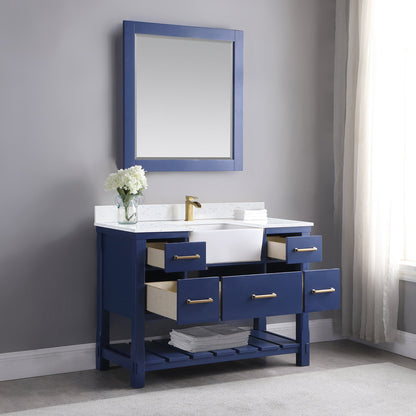 Georgia 48" Single Bathroom Vanity Set in Jewelry Blue and Aosta White Composite Stone Top with White Farmhouse Basin with Mirror
