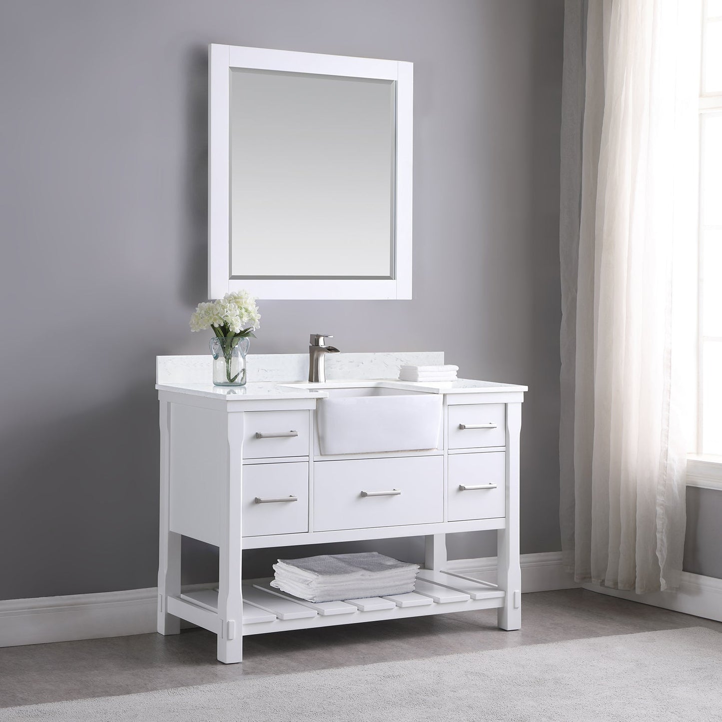Georgia 48" Single Bathroom Vanity Set in White and Aosta White Composite Stone Top with White Farmhouse Basin without Mirror