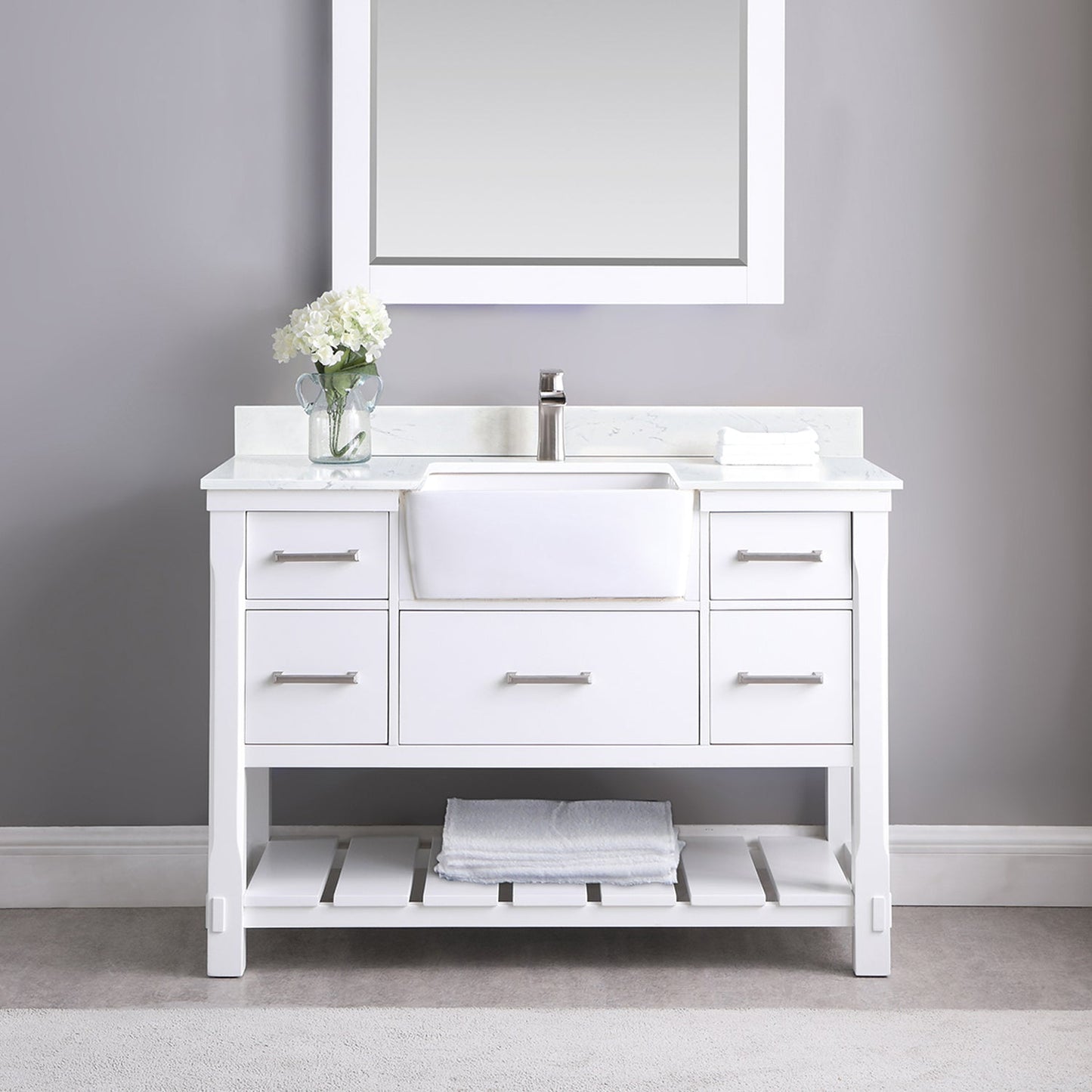 Georgia 48" Single Bathroom Vanity Set in White and Aosta White Composite Stone Top with White Farmhouse Basin without Mirror