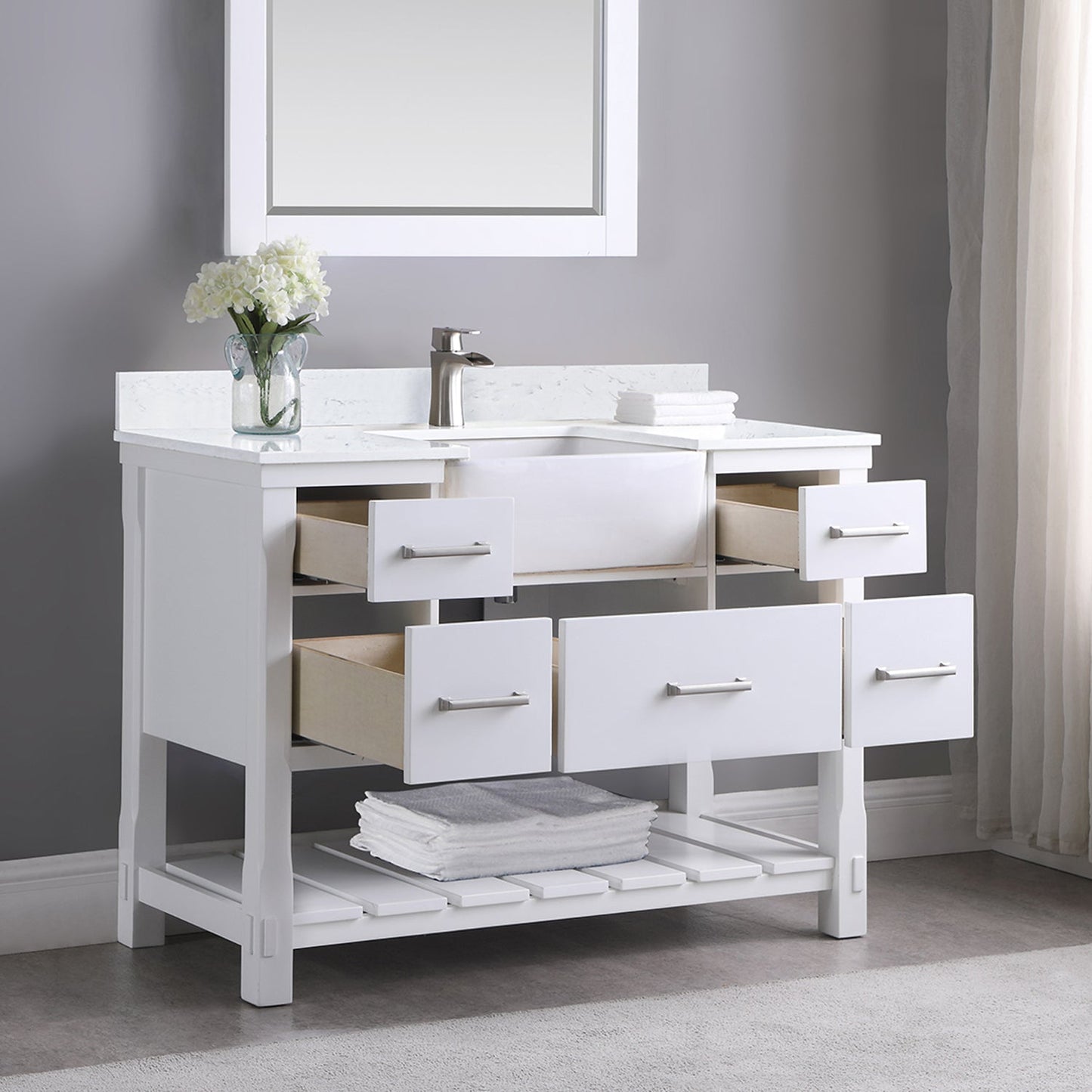 Georgia 48" Single Bathroom Vanity Set in White and Aosta White Composite Stone Top with White Farmhouse Basin without Mirror