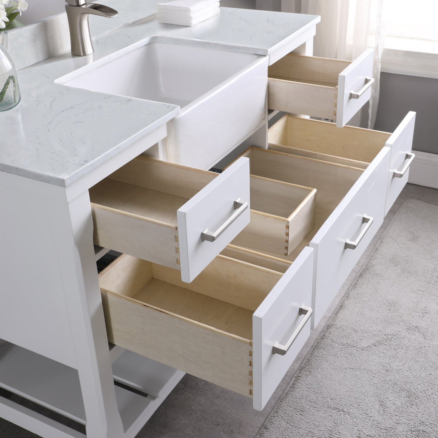 Georgia 48" Single Bathroom Vanity Set in White and Aosta White Composite Stone Top with White Farmhouse Basin without Mirror