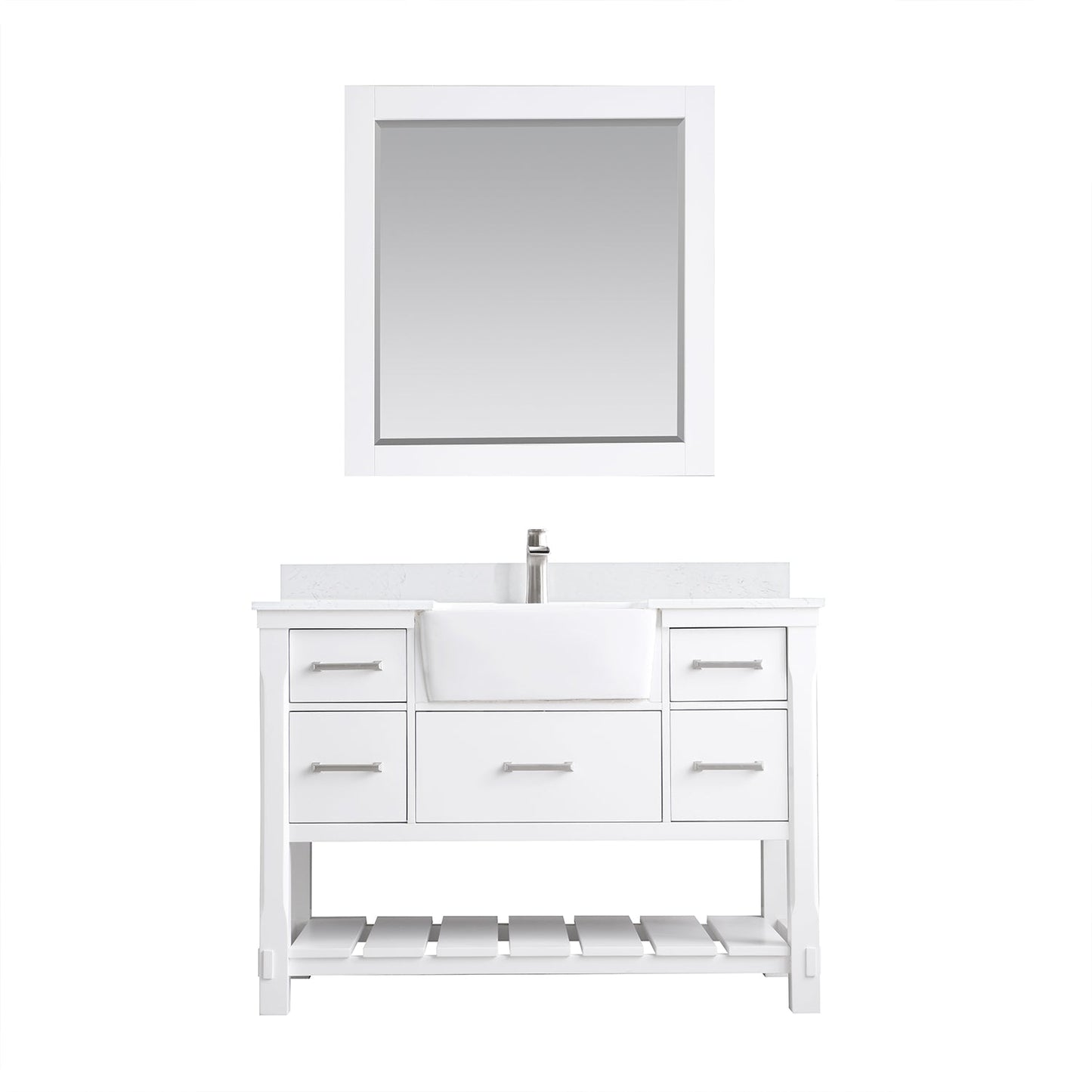 Georgia 48" Single Bathroom Vanity Set in White and Aosta White Composite Stone Top with White Farmhouse Basin with Mirror