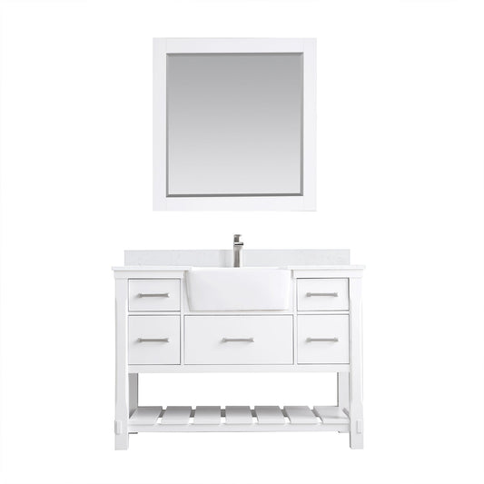 Georgia 48" Single Bathroom Vanity Set in White and Aosta White Composite Stone Top with White Farmhouse Basin with Mirror