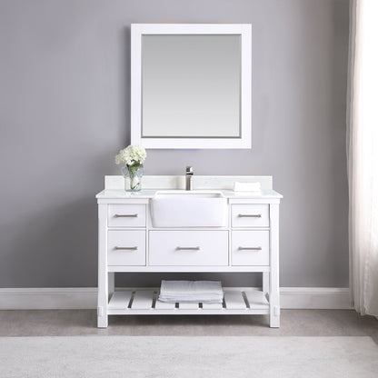 Georgia 48" Single Bathroom Vanity Set in White and Aosta White Composite Stone Top with White Farmhouse Basin with Mirror