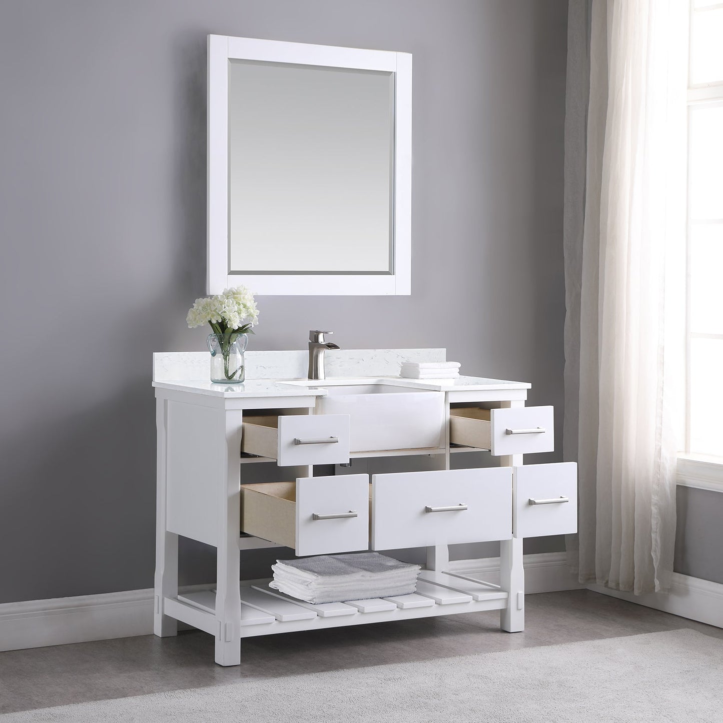 Georgia 48" Single Bathroom Vanity Set in White and Aosta White Composite Stone Top with White Farmhouse Basin with Mirror