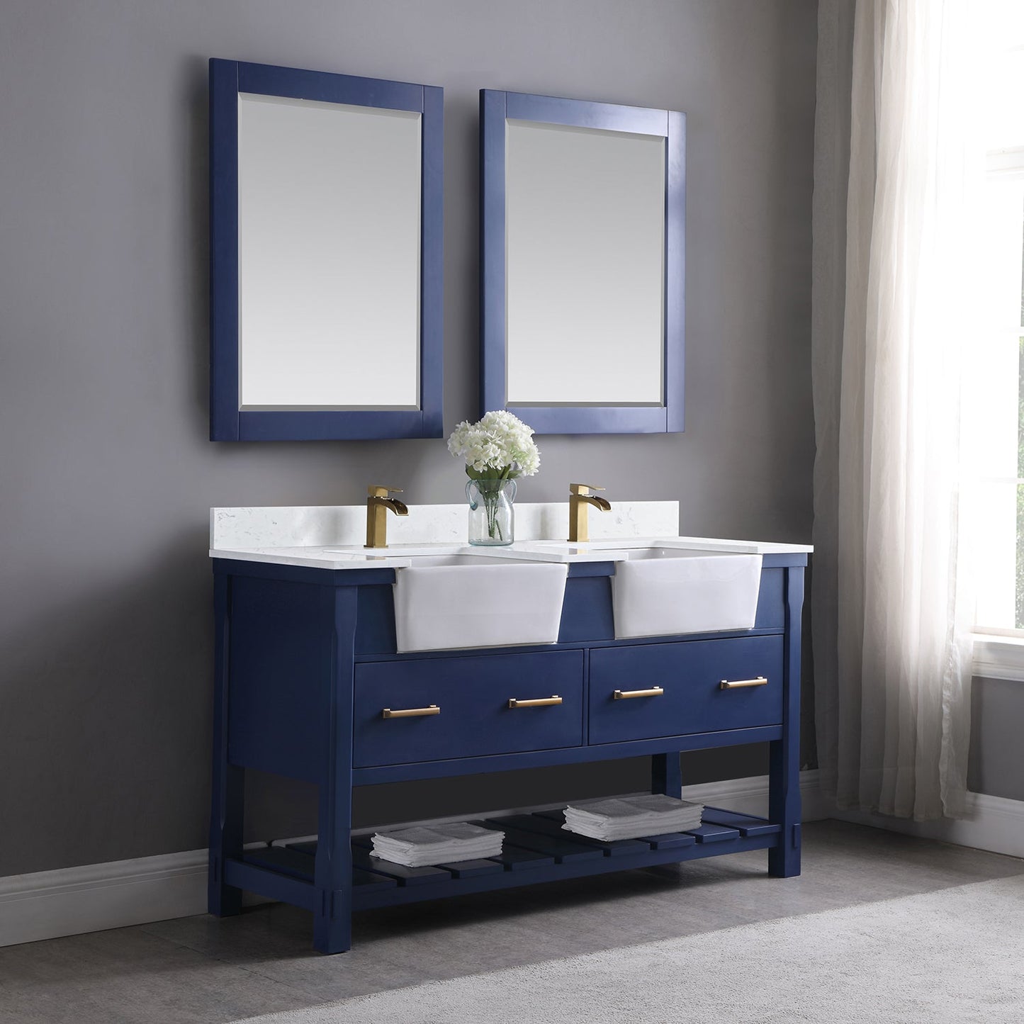Georgia 60" Double Bathroom Vanity Set in Jewelry Blue and Aosta White Composite Stone Top with White Farmhouse Basin without Mirror