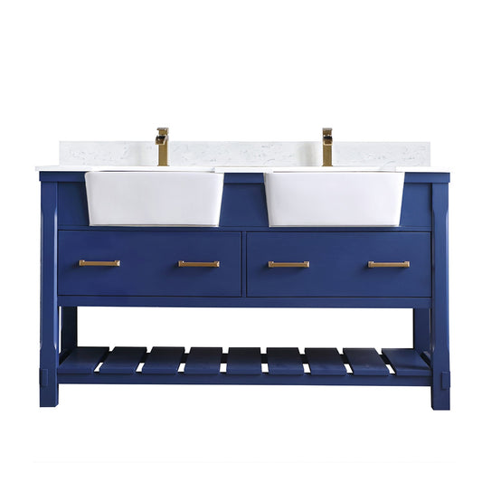 Georgia 60" Double Bathroom Vanity Set in Jewelry Blue and Aosta White Composite Stone Top with White Farmhouse Basin without Mirror