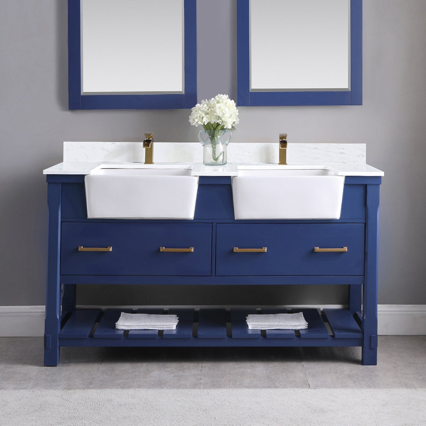 Georgia 60" Double Bathroom Vanity Set in Jewelry Blue and Aosta White Composite Stone Top with White Farmhouse Basin without Mirror
