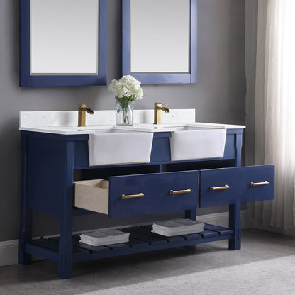 Georgia 60" Double Bathroom Vanity Set in Jewelry Blue and Aosta White Composite Stone Top with White Farmhouse Basin without Mirror