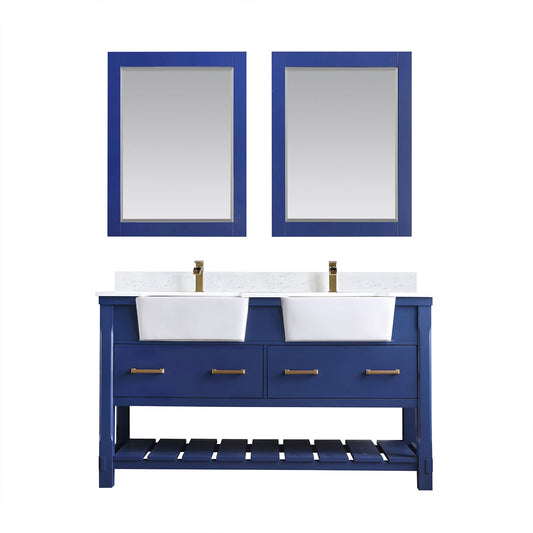 Georgia 60" Double Bathroom Vanity Set in Jewelry Blue and Aosta White Composite Stone Top with White Farmhouse Basin with Mirror