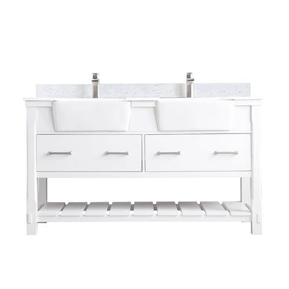 Georgia 60" Double Bathroom Vanity Set in White and Aosta White Composite Stone Top with White Farmhouse Basin without Mirror